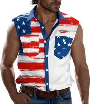 Men's Independence Day Tank Tops Summer Fashion American Flag Print Lapel Button Down Sleeveless Shirts