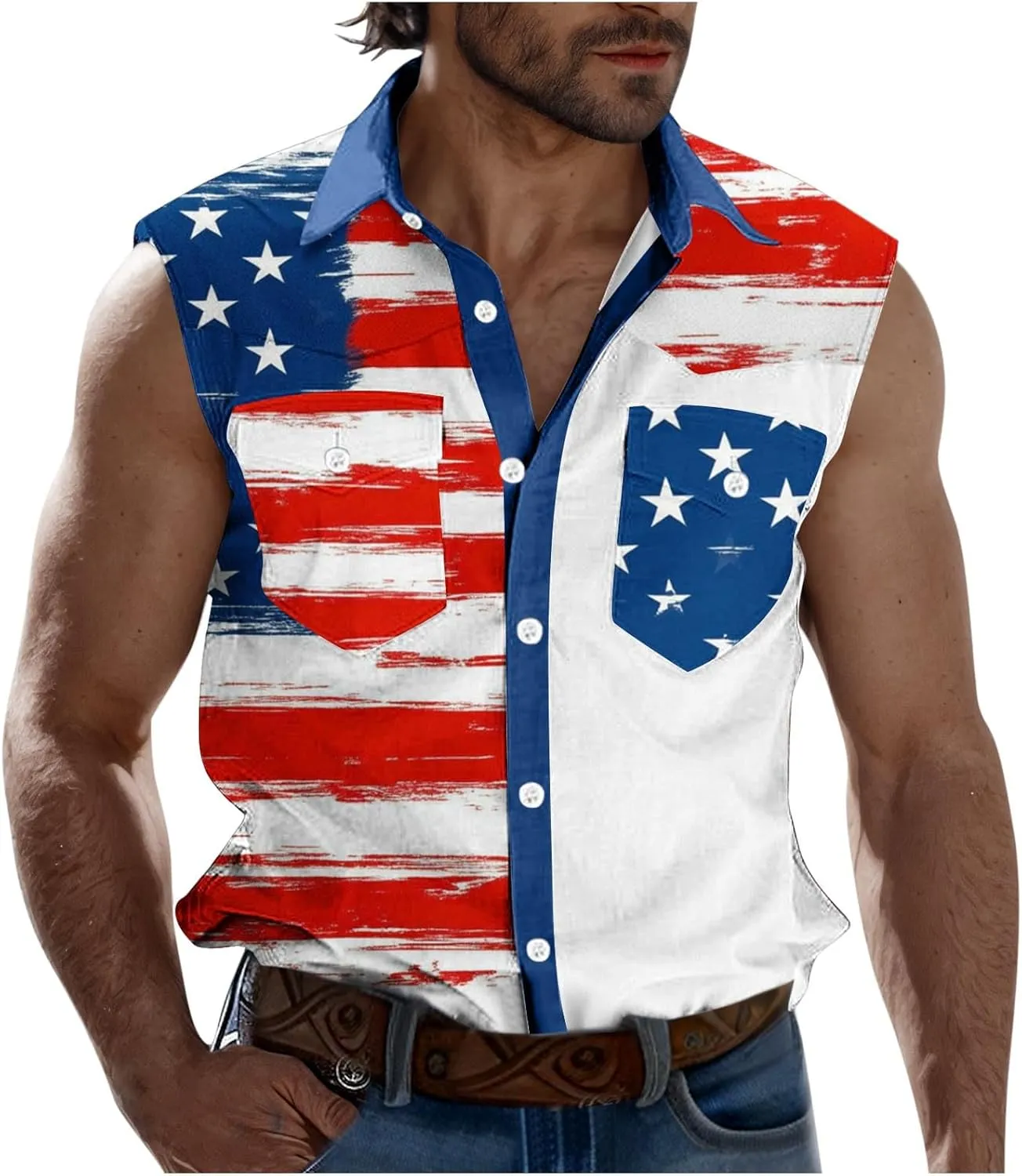 Men's Independence Day Tank Tops Summer Fashion American Flag Print Lapel Button Down Sleeveless Shirts
