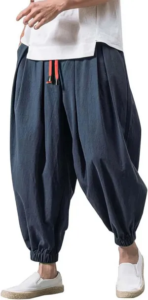 Mens Linen Baggy Pants 2025 Summer Pleated Casual Harem Pants Beach Hippie Trousers
