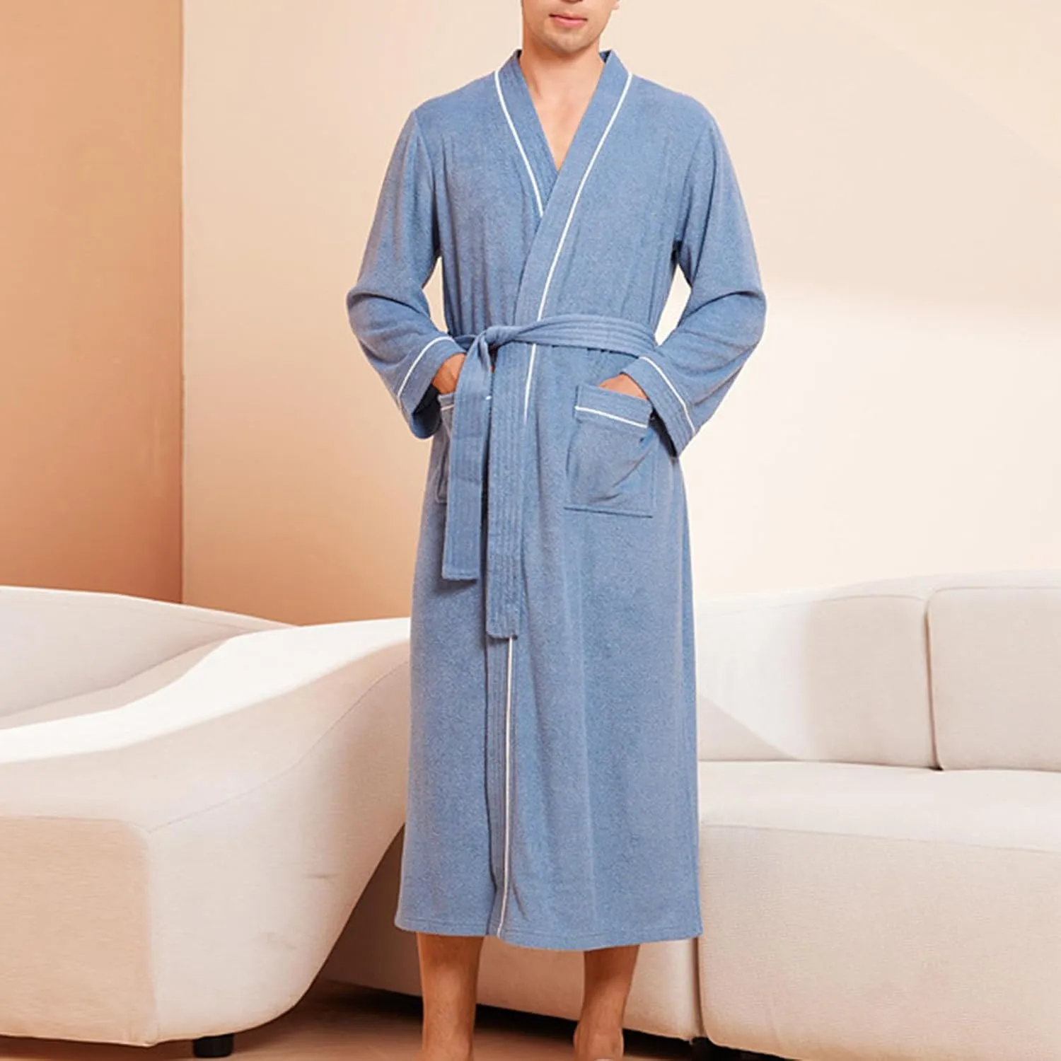 Mens Robes Loose Lightweight Long Sleeve Bathrobe Soft Knit Spa Kimono Robe Pajamas with Pockets for Home Vacation