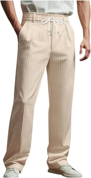 Mens Slacks Casual Solid Color Drawstring Elastic Waist Wide Leg Pants Fashion Plaid Flowy Outdoor Workout Trouser