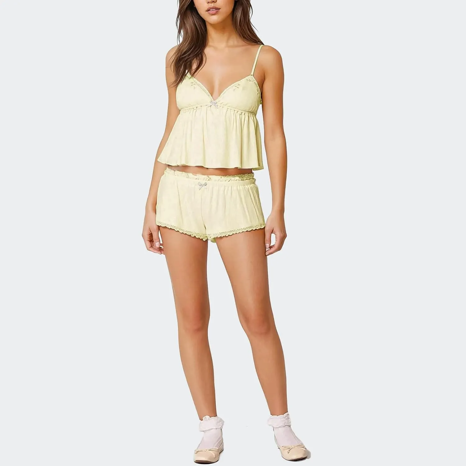 Mxiqqpltky Cute Pajamas for Women Set Y2k Bow Pj Set Lace Trim Cami Crop top and Boxer Shorts Matching Lounge Sleepwear