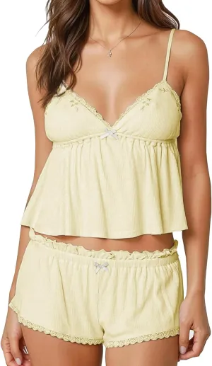 Mxiqqpltky Cute Pajamas for Women Set Y2k Bow Pj Set Lace Trim Cami Crop top and Boxer Shorts Matching Lounge Sleepwear
