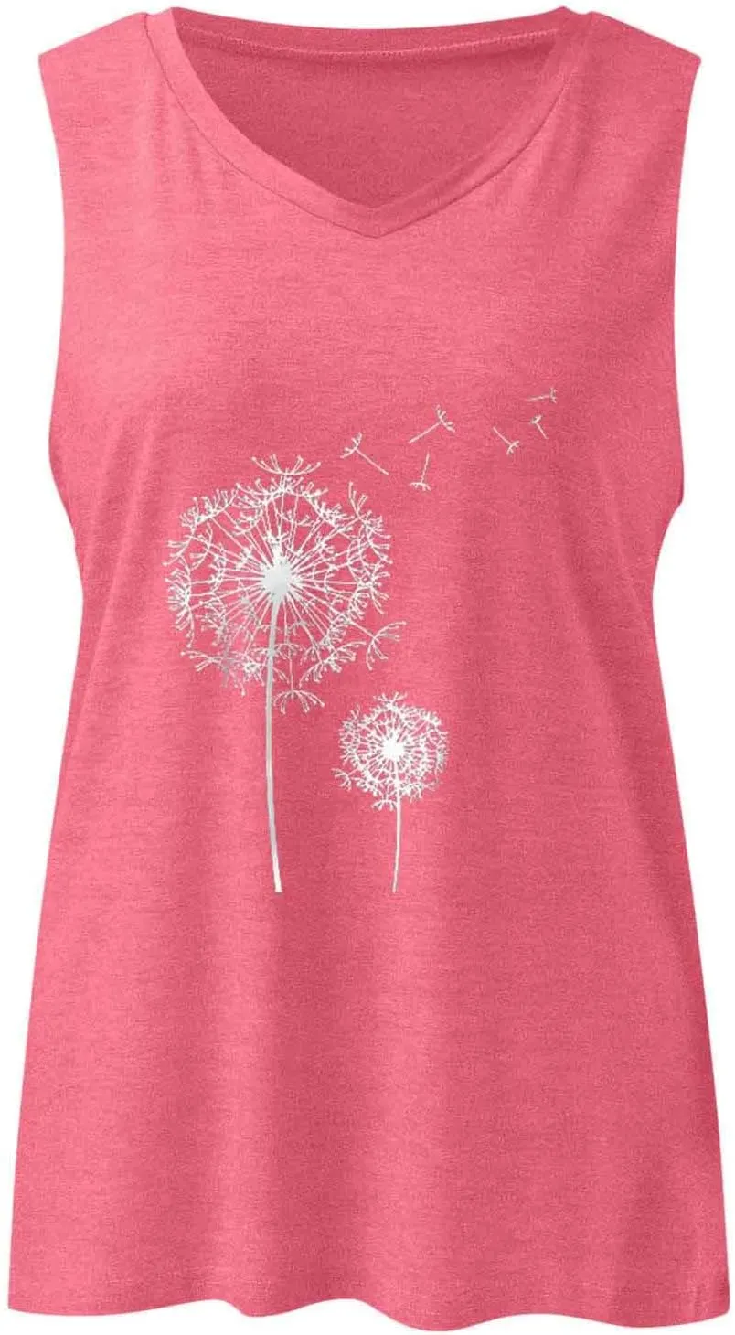 Mzkdieey Dandelion Tank Tops for Women Inspirational Graphic Tee Summer Sleeveless V Neck Tanks Casual Loose Fit Tunic Vest