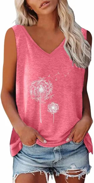 Mzkdieey Dandelion Tank Tops for Women Inspirational Graphic Tee Summer Sleeveless V Neck Tanks Casual Loose Fit Tunic Vest