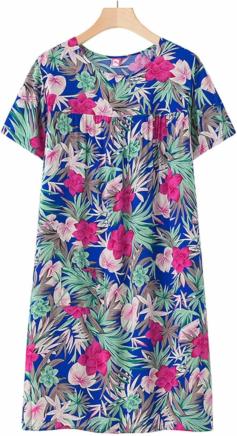 Nightgowns for Middle Aged Womens Short Sleeves Floral Printed Sleepdress Crew Neck Sleepwear Casual Nightshirt Sleepshirts