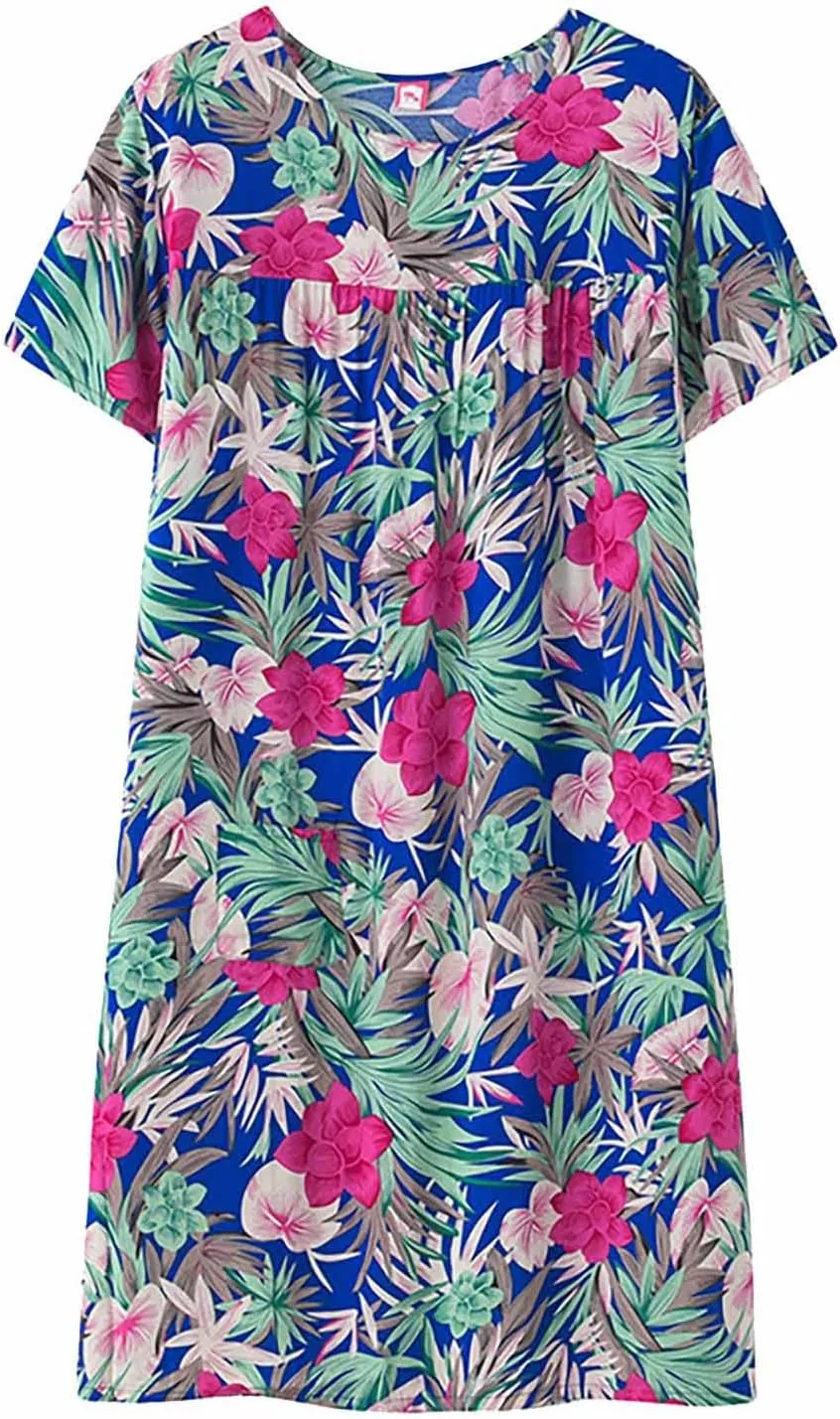 Nightgowns for Middle Aged Womens Short Sleeves Floral Printed Sleepdress Crew Neck Sleepwear Casual Nightshirt Sleepshirts
