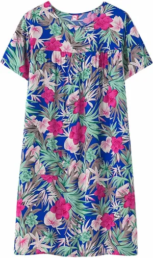 Nightgowns for Middle Aged Womens Short Sleeves Floral Printed Sleepdress Crew Neck Sleepwear Casual Nightshirt Sleepshirts