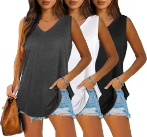 OFEEFAN Womens Tank Tops V Neck Summer Tops Loose Fit Sleeveless Tops 2Pack/3Pack