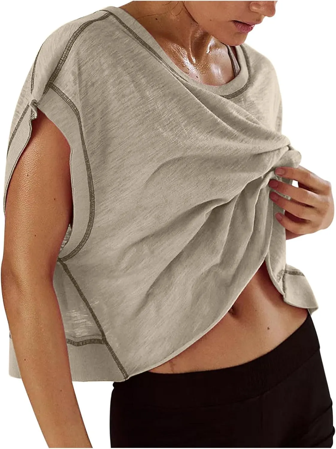 Open Back Tops for Women 2024 Summer Workout Shirts Backless Short Sleeve Oversized T-shirts Crop Top Gym Yoga Tee