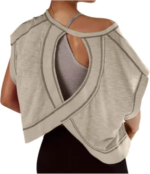 Open Back Tops for Women 2024 Summer Workout Shirts Backless Short Sleeve Oversized T-shirts Crop Top Gym Yoga Tee