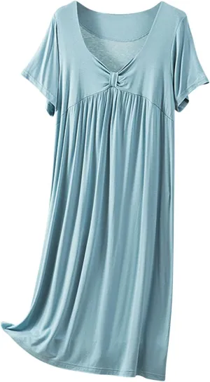 Oplxuo Nightgown for Women Soft Cotton Sleepwear Short Sleeve Sleep Shirt V Neck Pleated Solid Color Nightdress