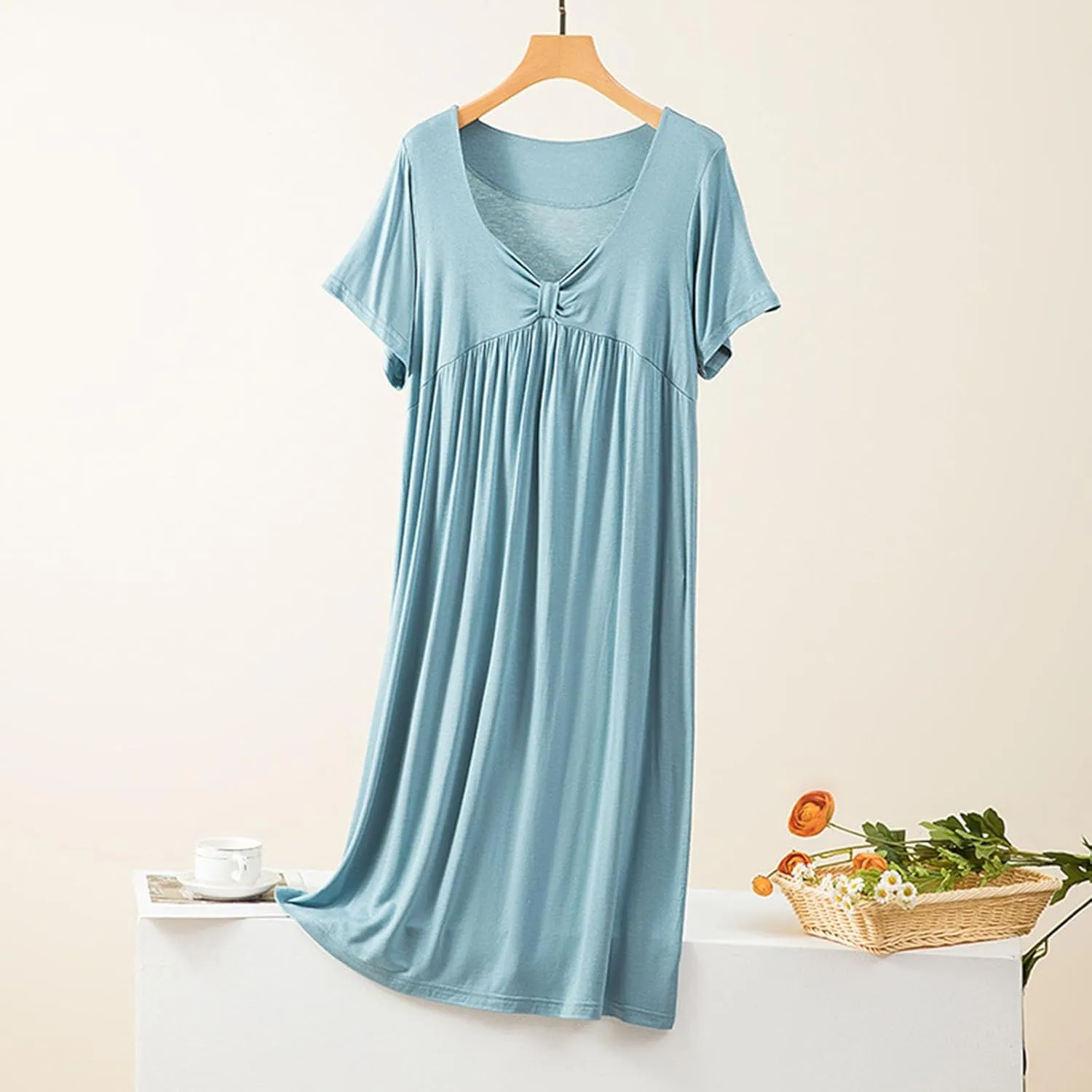 Oplxuo Nightgown for Women Soft Cotton Sleepwear Short Sleeve Sleep Shirt V Neck Pleated Solid Color Nightdress
