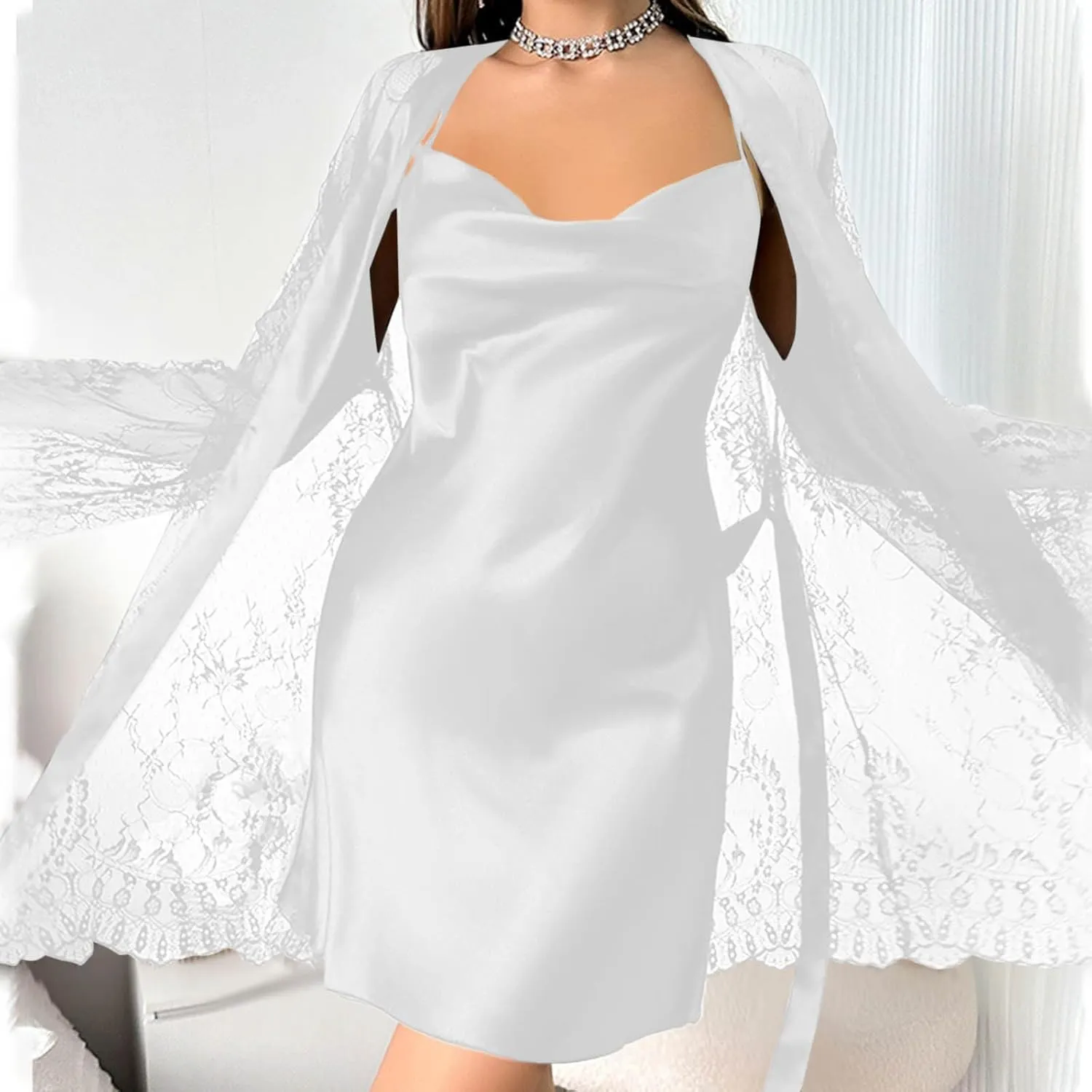 Oplxuo Sleepwear Women's Satin Nightgown with Sheer Lace Robes Set 2 Piece Sexy Silk Cami Nightwear 2pcs Pjs Set