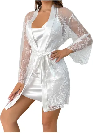 Oplxuo Sleepwear Women's Satin Nightgown with Sheer Lace Robes Set 2 Piece Sexy Silk Cami Nightwear 2pcs Pjs Set