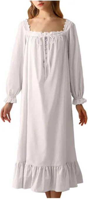 Oplxuo Women Victorian Nightgowns Cotton Square Neck Long Sleeve Sleepwear Retro Sleepshirts Lace Ruffle Princess Nightdress