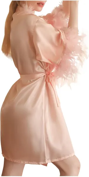 Oplxuo Women's Feather Robe Silk Satin Bathrobe Long Sleeve Bridal Dressing Gowns Short Nightgown Sleepwear Maternity Robe