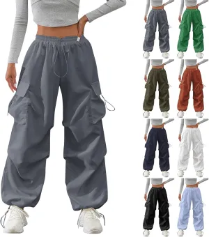 Oversized Parachute Pants Women Y2k Drawstring High Waisted Cargo Pants with Pockets Casual Solid Baggy Sweatpants