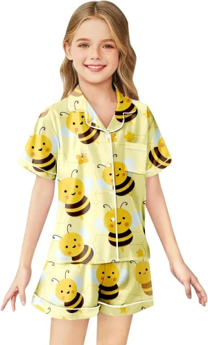 Pajamas Set Bee Festival Button Down Satin Short Sleeve Top and Shorts Set World Bee Day Nightgown Loungewear
