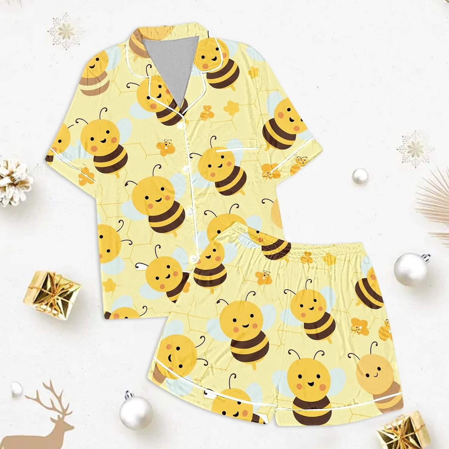 Pajamas Set Bee Festival Button Down Satin Short Sleeve Top and Shorts Set World Bee Day Nightgown Loungewear