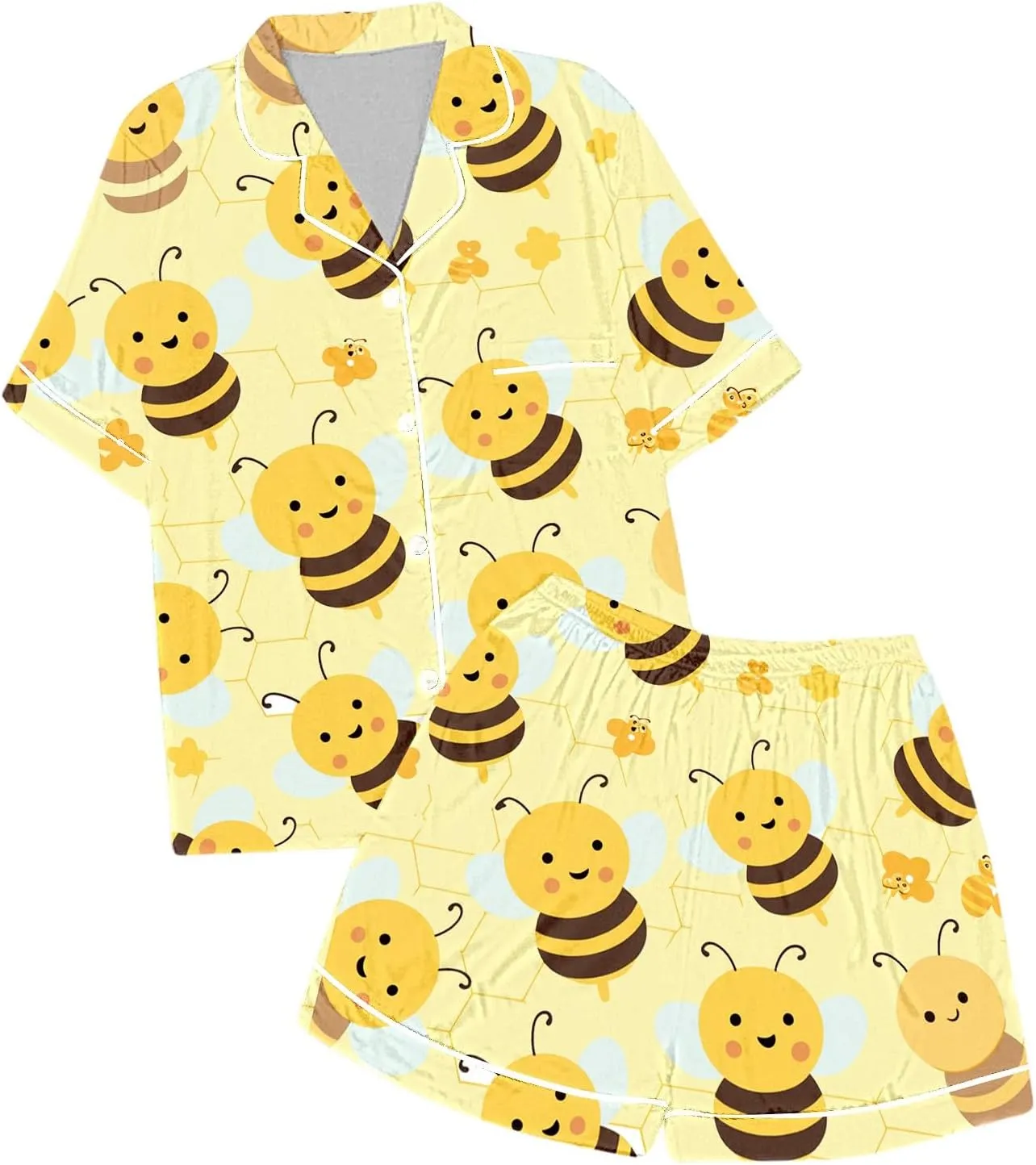 Pajamas Set Bee Festival Button Down Satin Short Sleeve Top and Shorts Set World Bee Day Nightgown Loungewear