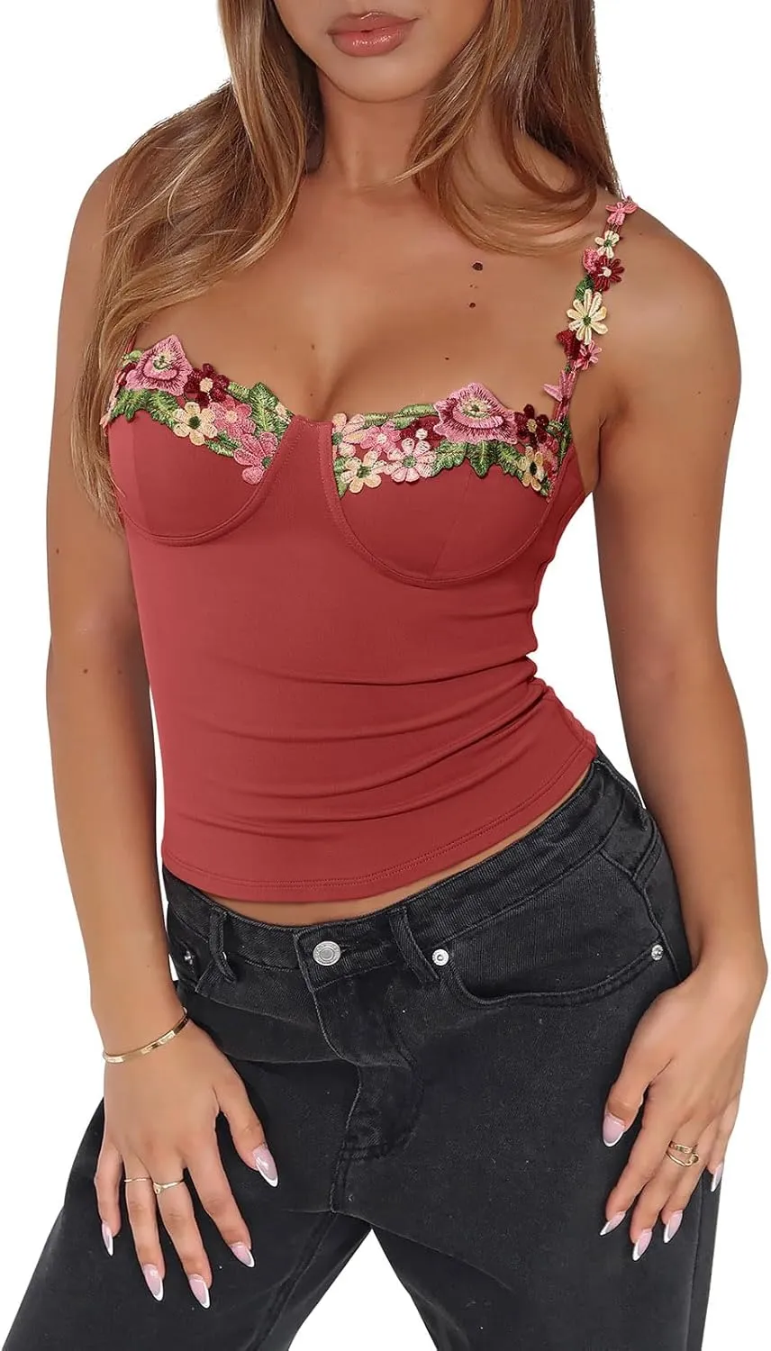 PINKMSTYLE Womens Sexy Floral Bustier Corset Tops Spaghetti Strap Tank Tops Y2K Going Out Tops