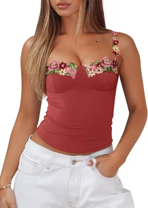 PINKMSTYLE Womens Sexy Floral Bustier Corset Tops Spaghetti Strap Tank Tops Y2K Going Out Tops