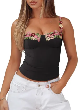 PINKMSTYLE Womens Sexy Floral Bustier Corset Tops Spaghetti Strap Tank Tops Y2K Going Out Tops