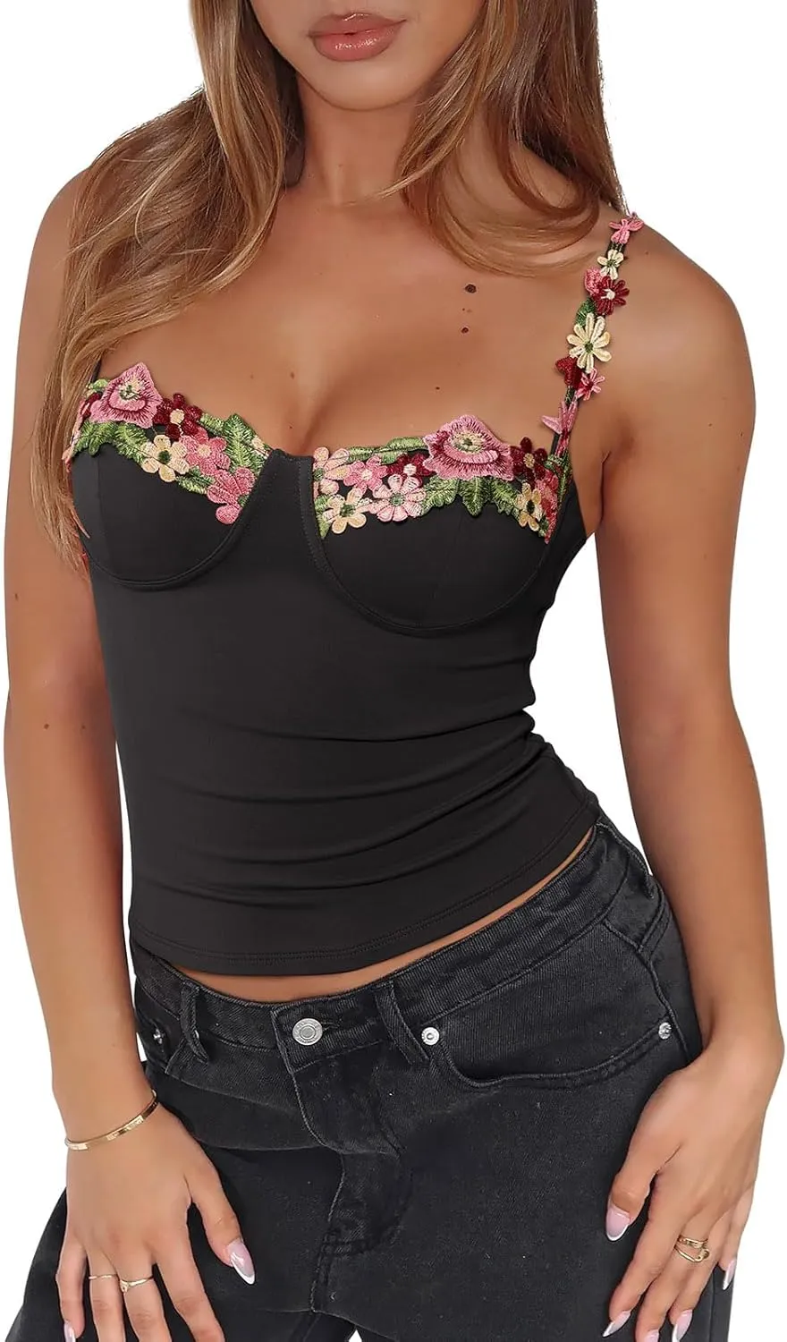 PINKMSTYLE Womens Sexy Floral Bustier Corset Tops Spaghetti Strap Tank Tops Y2K Going Out Tops