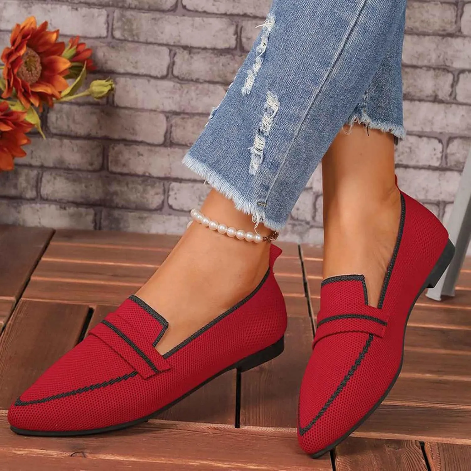 Red Lightweight Knitted Loafers for Women Casual Flat Shoe Comfortable Boat Shoes Bottomed Breathable Sneakers