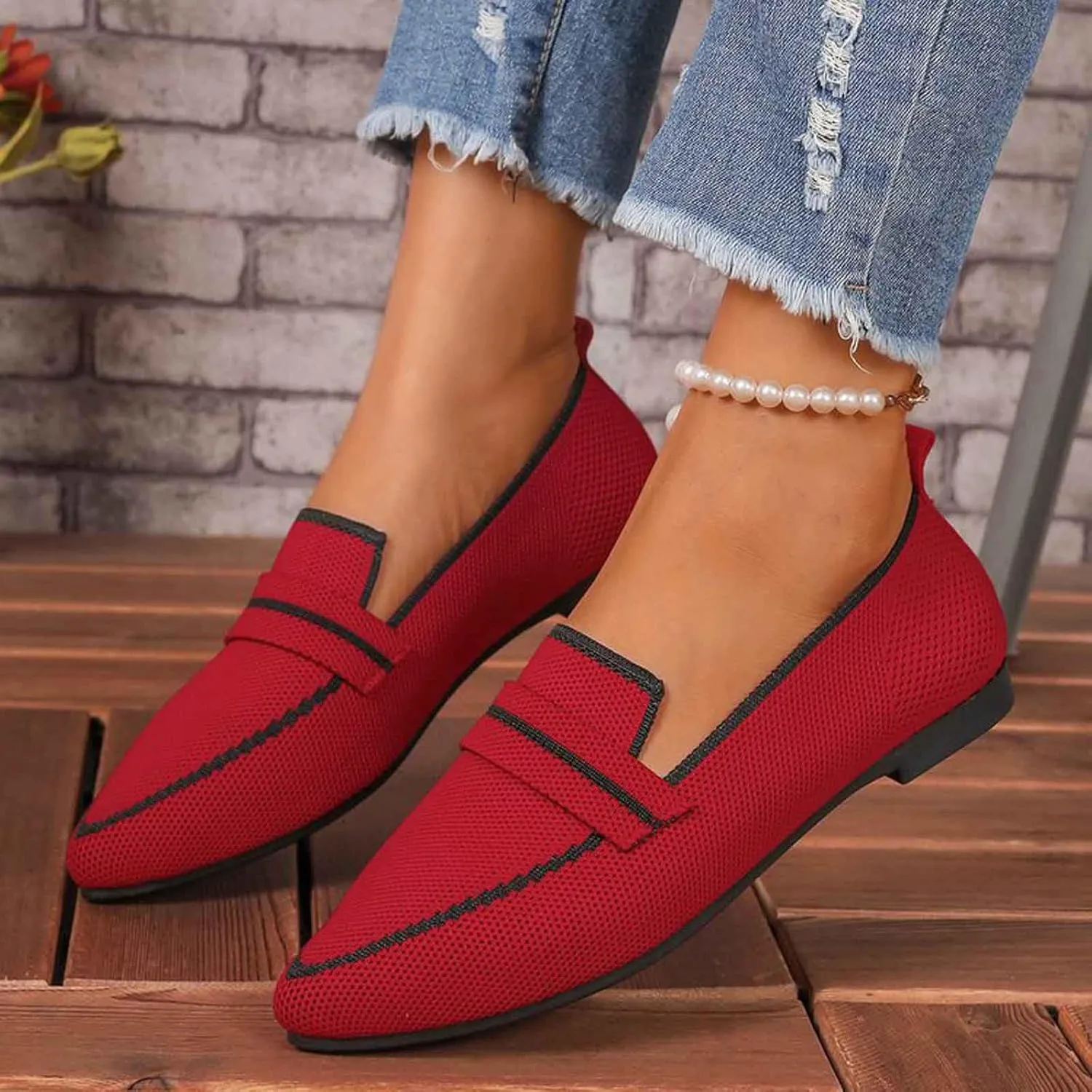 Red Lightweight Knitted Loafers for Women Casual Flat Shoe Comfortable Boat Shoes Bottomed Breathable Sneakers