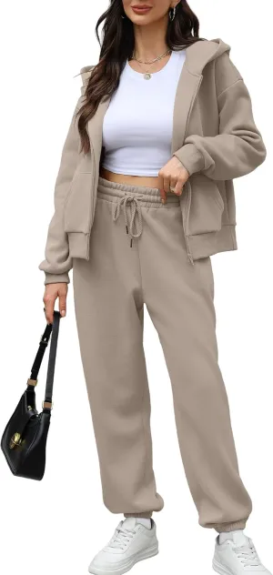 Saloogoe Sweatsuits Women 2 Piece Outfits 2024 Fall Fleece Sweatshirt Sets Zip Up Hoodie Sets Travel Lounge Sets