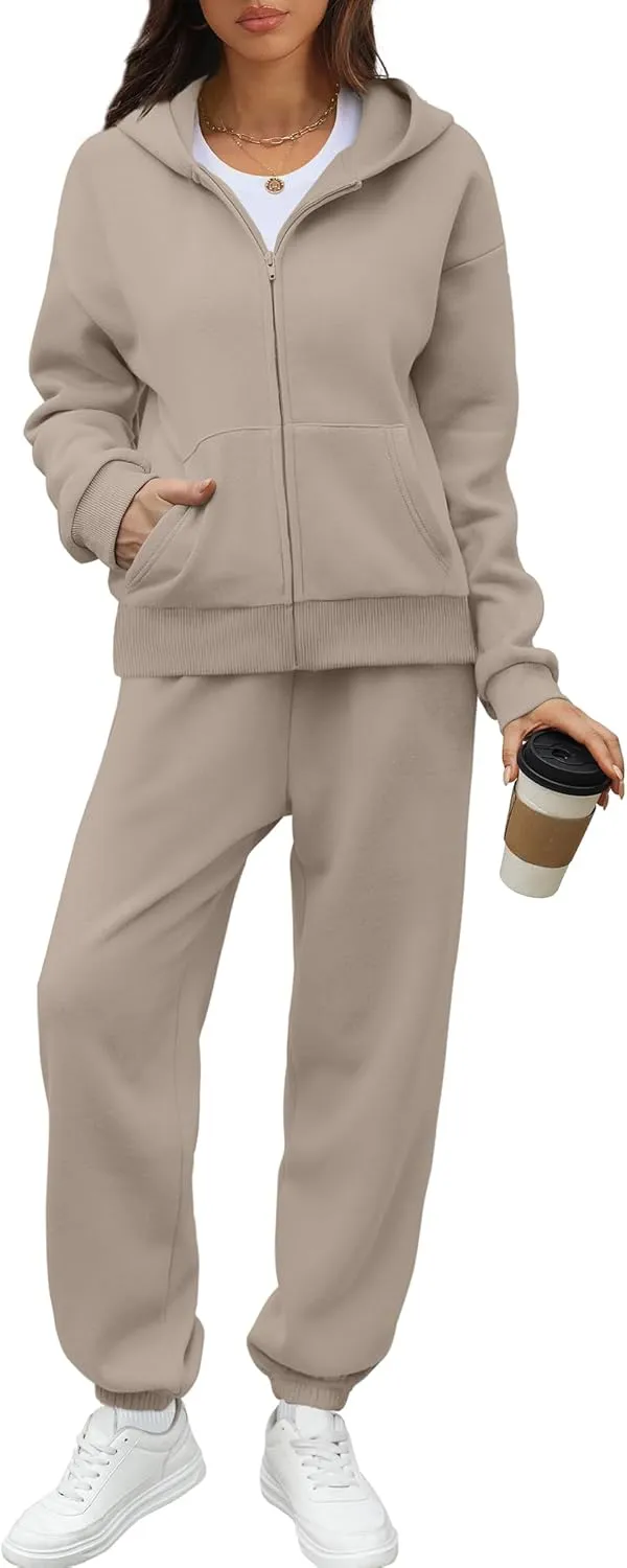 Saloogoe Sweatsuits Women 2 Piece Outfits 2024 Fall Fleece Sweatshirt Sets Zip Up Hoodie Sets Travel Lounge Sets