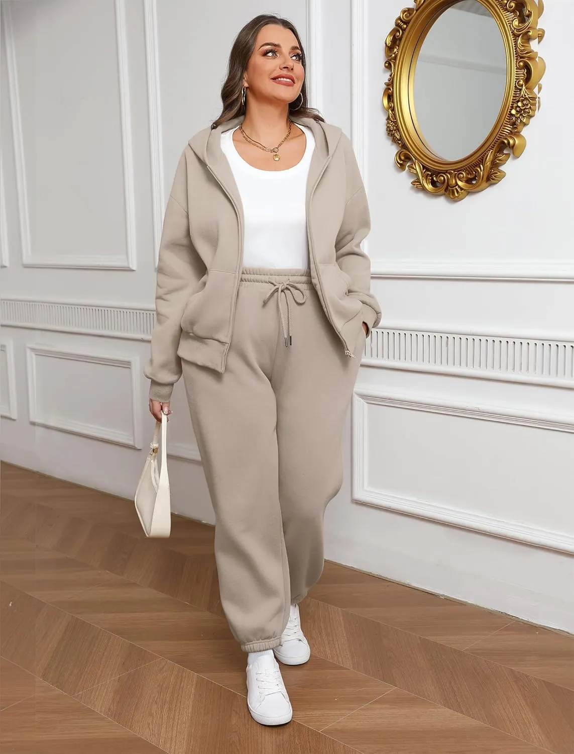 Saloogoe Sweatsuits Women 2 Piece Outfits 2024 Fall Fleece Sweatshirt Sets Zip Up Hoodie Sets Travel Lounge Sets