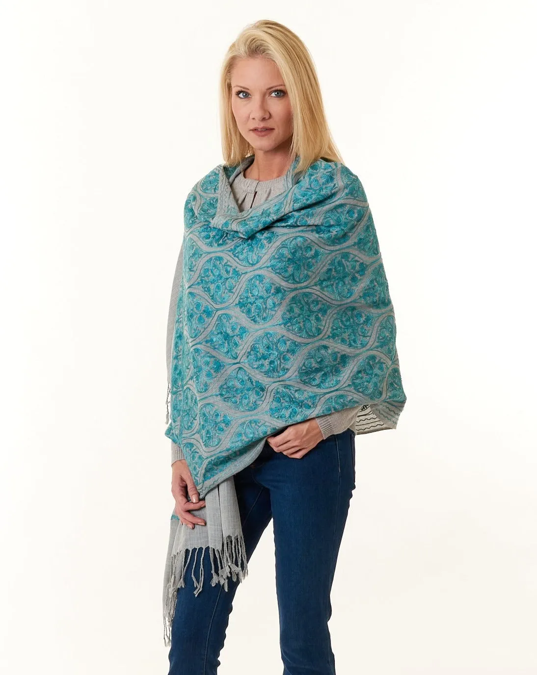Sevya Handmade, Surani hand embroidered wool shawl 28x72
