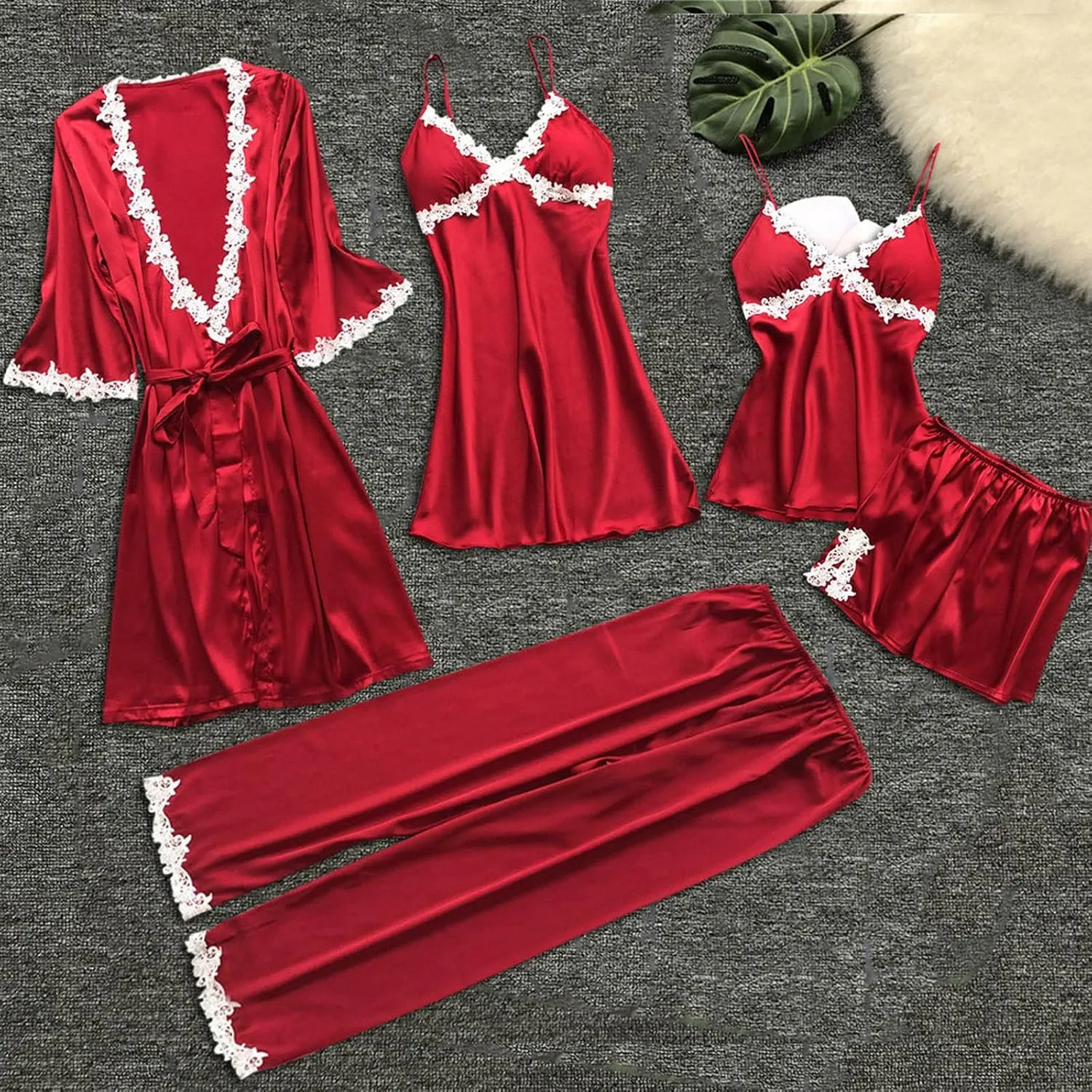 Silk Pajamas for Women 5PCS Sexy Lace Trim Camisole Top Shorts and Pants Pjs Set Nightgowns and Robes Satin Sleepwear