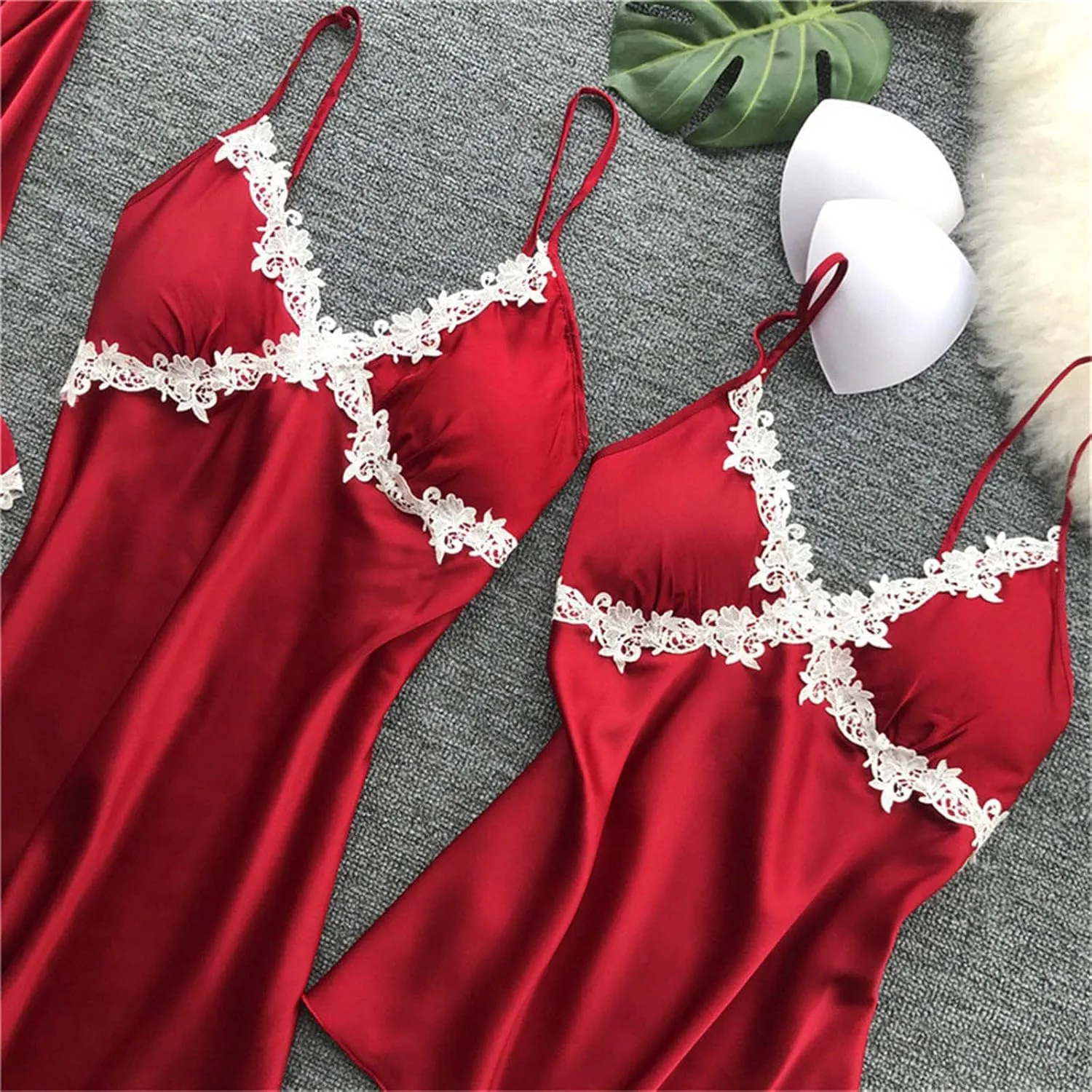 Silk Pajamas for Women 5PCS Sexy Lace Trim Camisole Top Shorts and Pants Pjs Set Nightgowns and Robes Satin Sleepwear