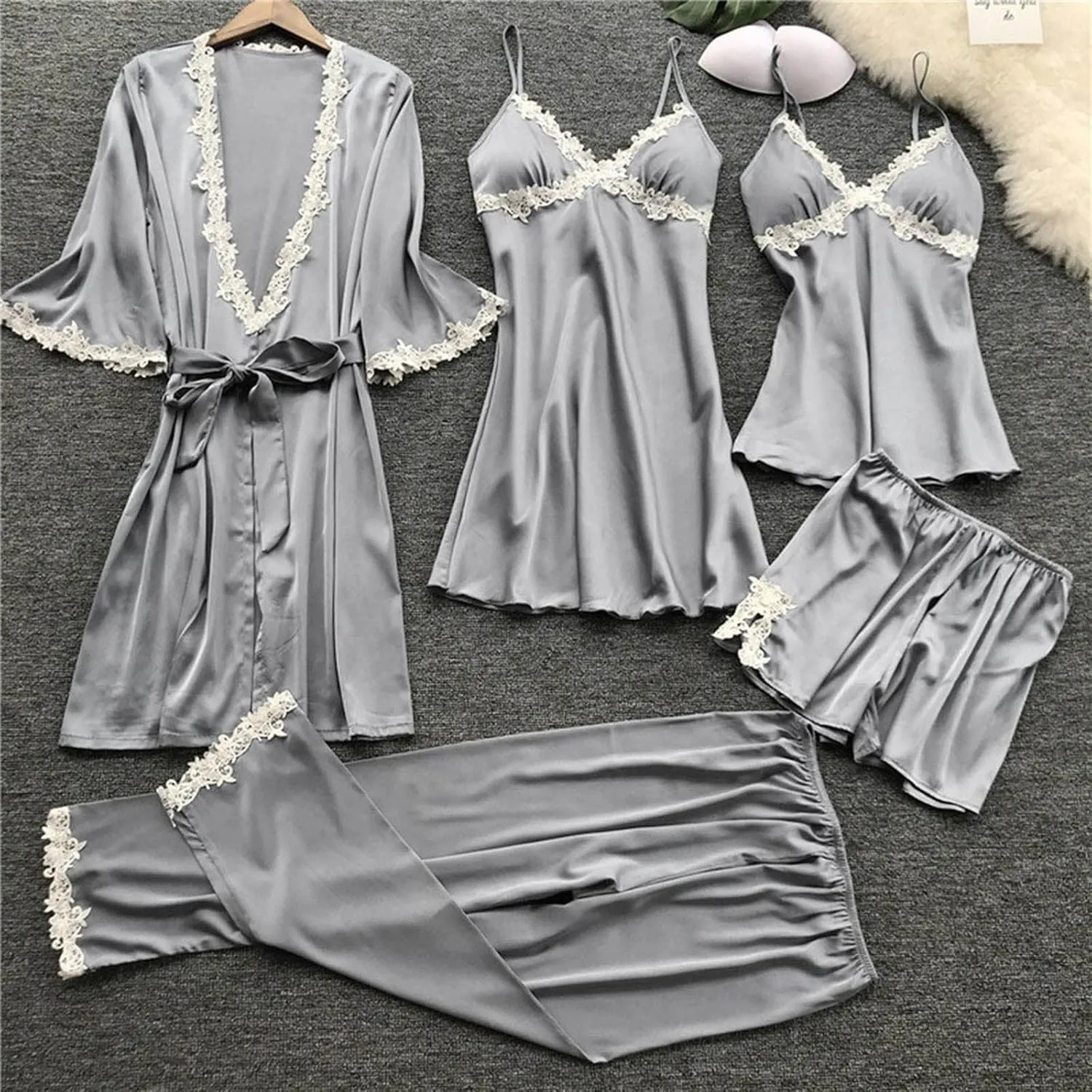 Silk Pajamas for Women 5PCS Sexy Lace Trim Camisole Top Shorts and Pants Pjs Set Nightgowns and Robes Satin Sleepwear