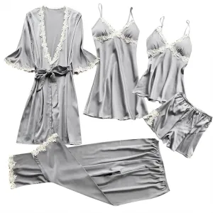 Silk Pajamas for Women 5PCS Sexy Lace Trim Camisole Top Shorts and Pants Pjs Set Nightgowns and Robes Satin Sleepwear