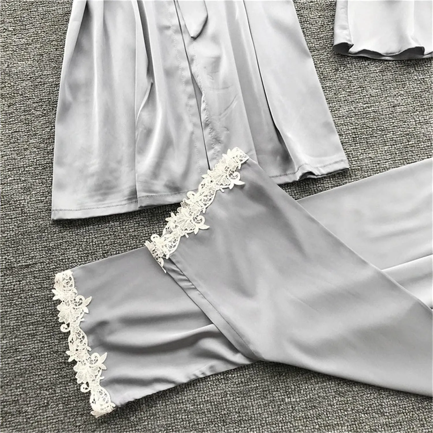 Silk Pajamas for Women 5PCS Sexy Lace Trim Camisole Top Shorts and Pants Pjs Set Nightgowns and Robes Satin Sleepwear