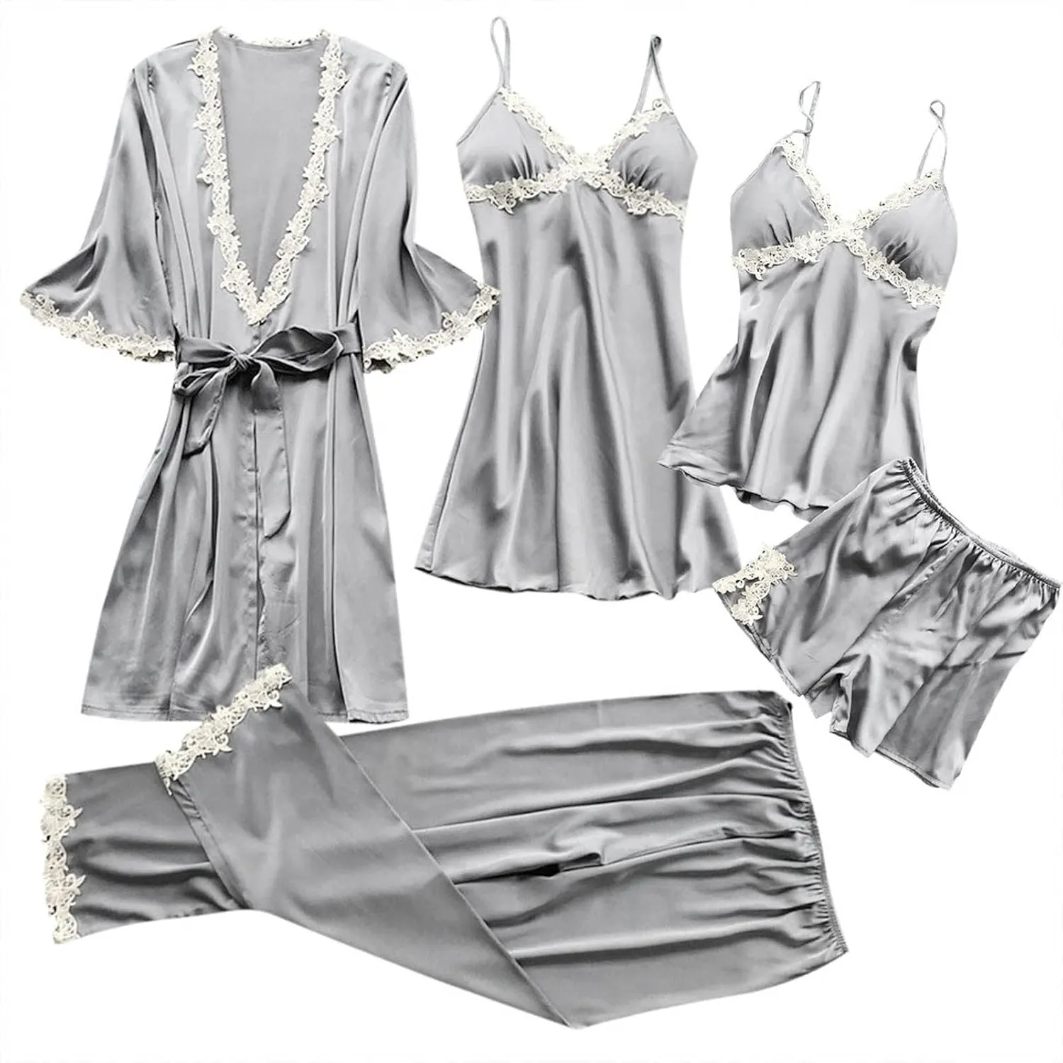 Silk Pajamas for Women 5PCS Sexy Lace Trim Camisole Top Shorts and Pants Pjs Set Nightgowns and Robes Satin Sleepwear