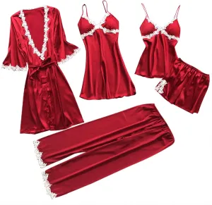 Silk Pajamas for Women 5PCS Sexy Lace Trim Camisole Top Shorts and Pants Pjs Set Nightgowns and Robes Satin Sleepwear
