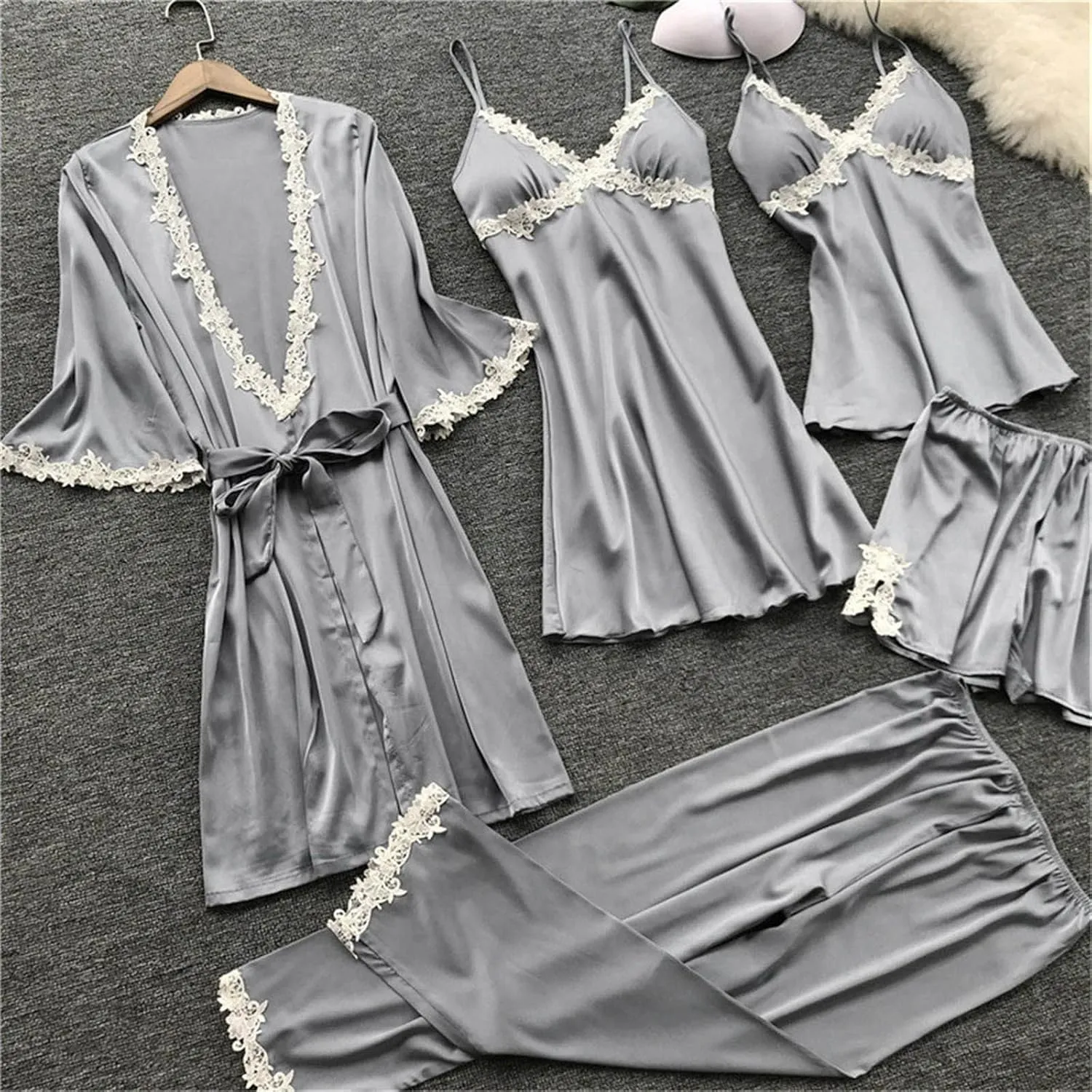 Silk Pajamas for Women 5PCS Sexy Lace Trim Camisole Top Shorts and Pants Pjs Set Nightgowns and Robes Satin Sleepwear