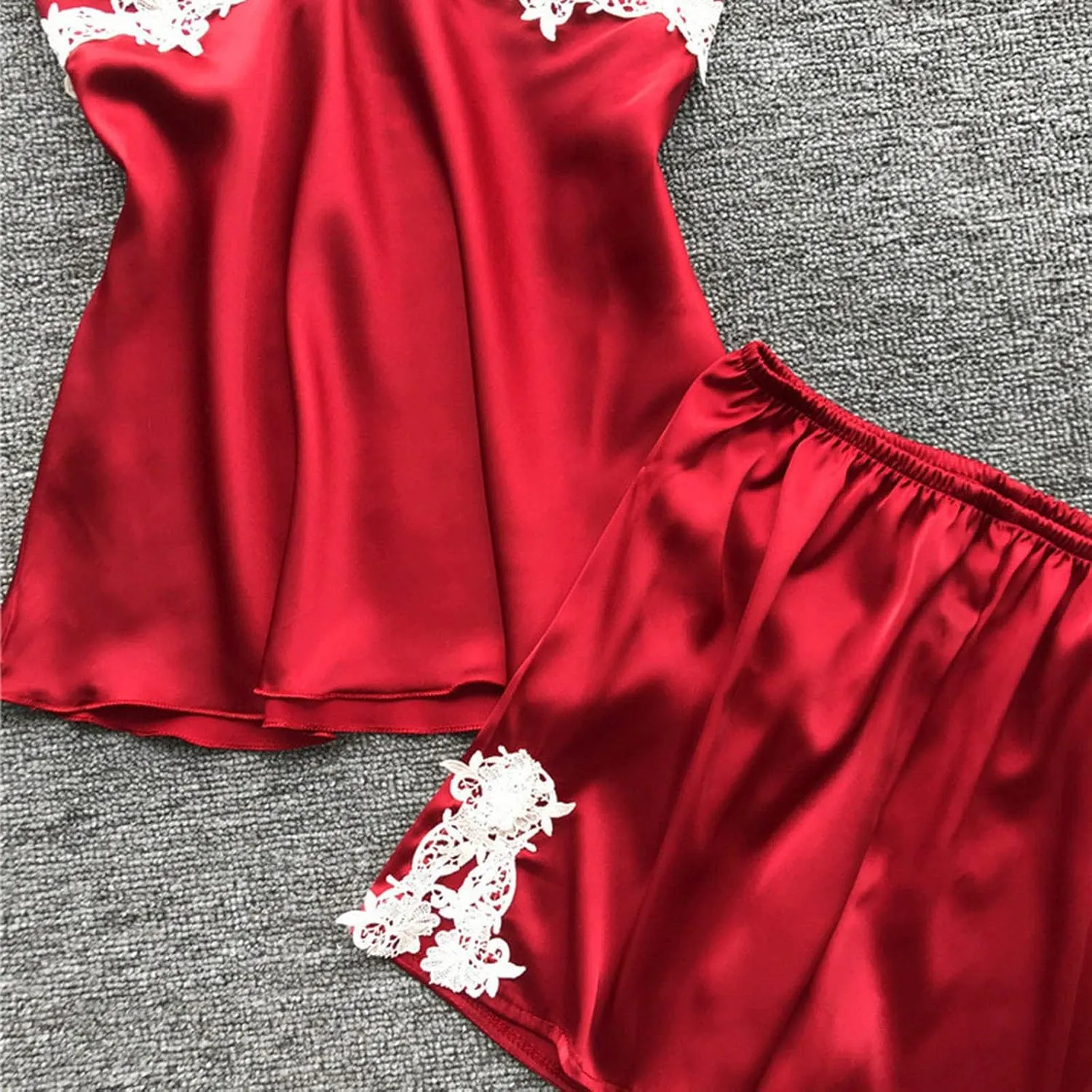 Silk Pajamas for Women 5PCS Sexy Lace Trim Camisole Top Shorts and Pants Pjs Set Nightgowns and Robes Satin Sleepwear