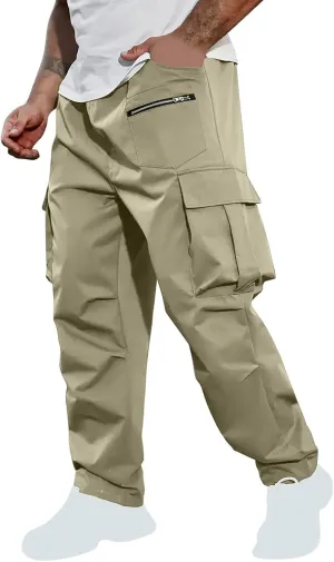 Sinzelimin Men's Cargo Pants Fashion Solid Color Multiple Pockets Loose Comfy Casual Work Trousers Wide Leg Sweatpant
