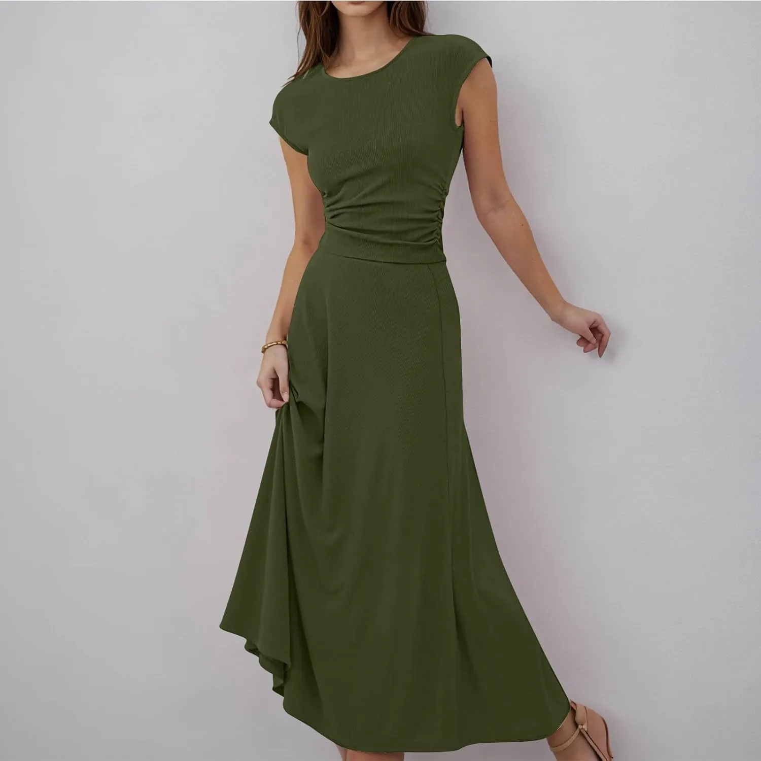 Skirt Sets Women 2 Piece Outfits Casual Ribbed Knit Crew Neck Short Sleeve Cropped Top Elastic Waist Swing Midi Skirts