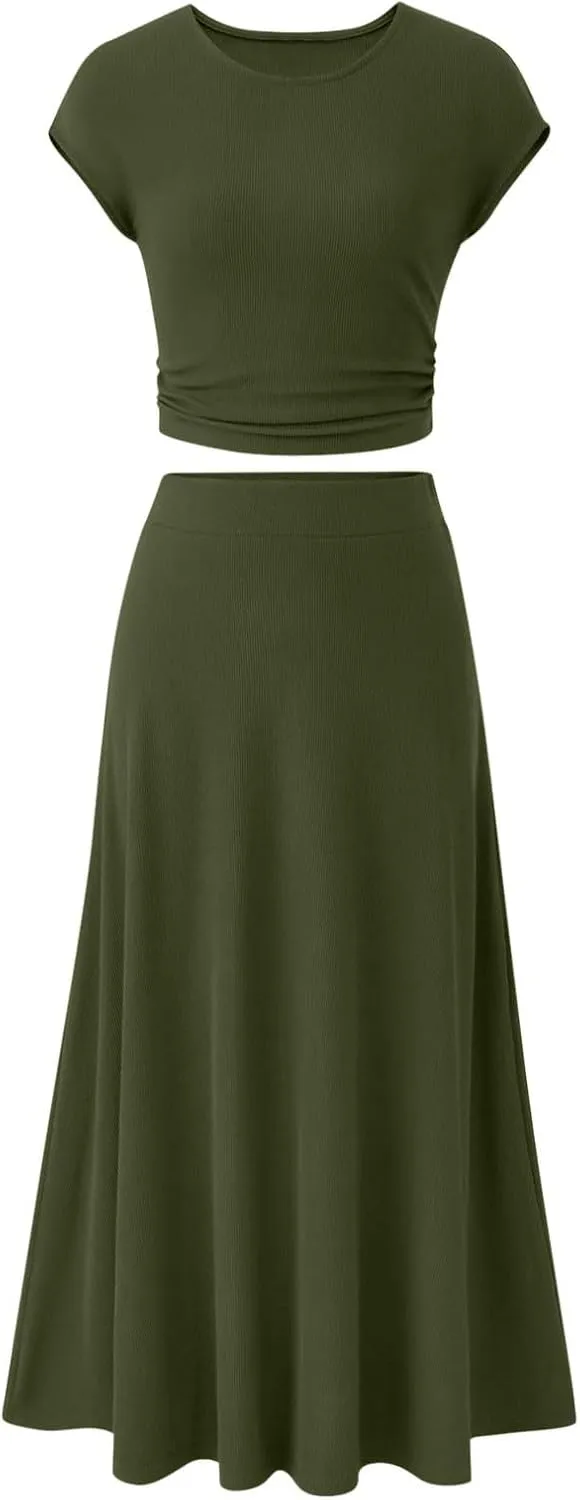 Skirt Sets Women 2 Piece Outfits Casual Ribbed Knit Crew Neck Short Sleeve Cropped Top Elastic Waist Swing Midi Skirts