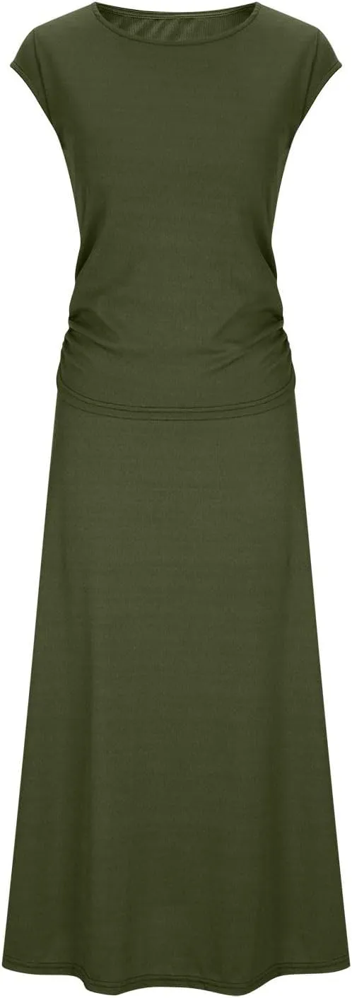 Skirt Sets Women 2 Piece Outfits Casual Ribbed Knit Crew Neck Short Sleeve Cropped Top Elastic Waist Swing Midi Skirts