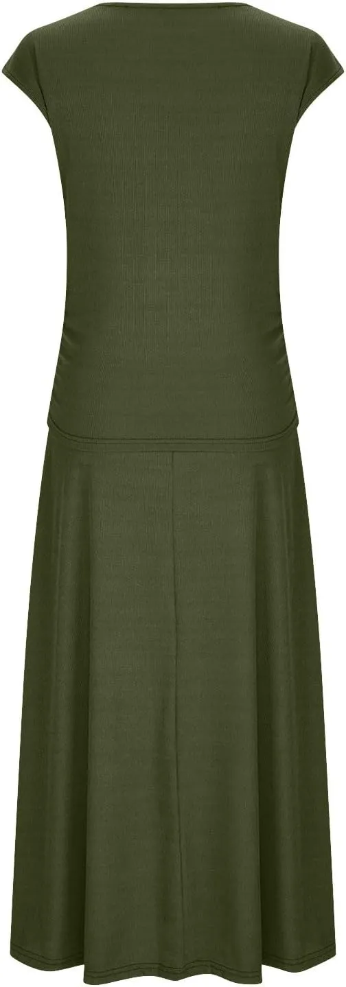 Skirt Sets Women 2 Piece Outfits Casual Ribbed Knit Crew Neck Short Sleeve Cropped Top Elastic Waist Swing Midi Skirts