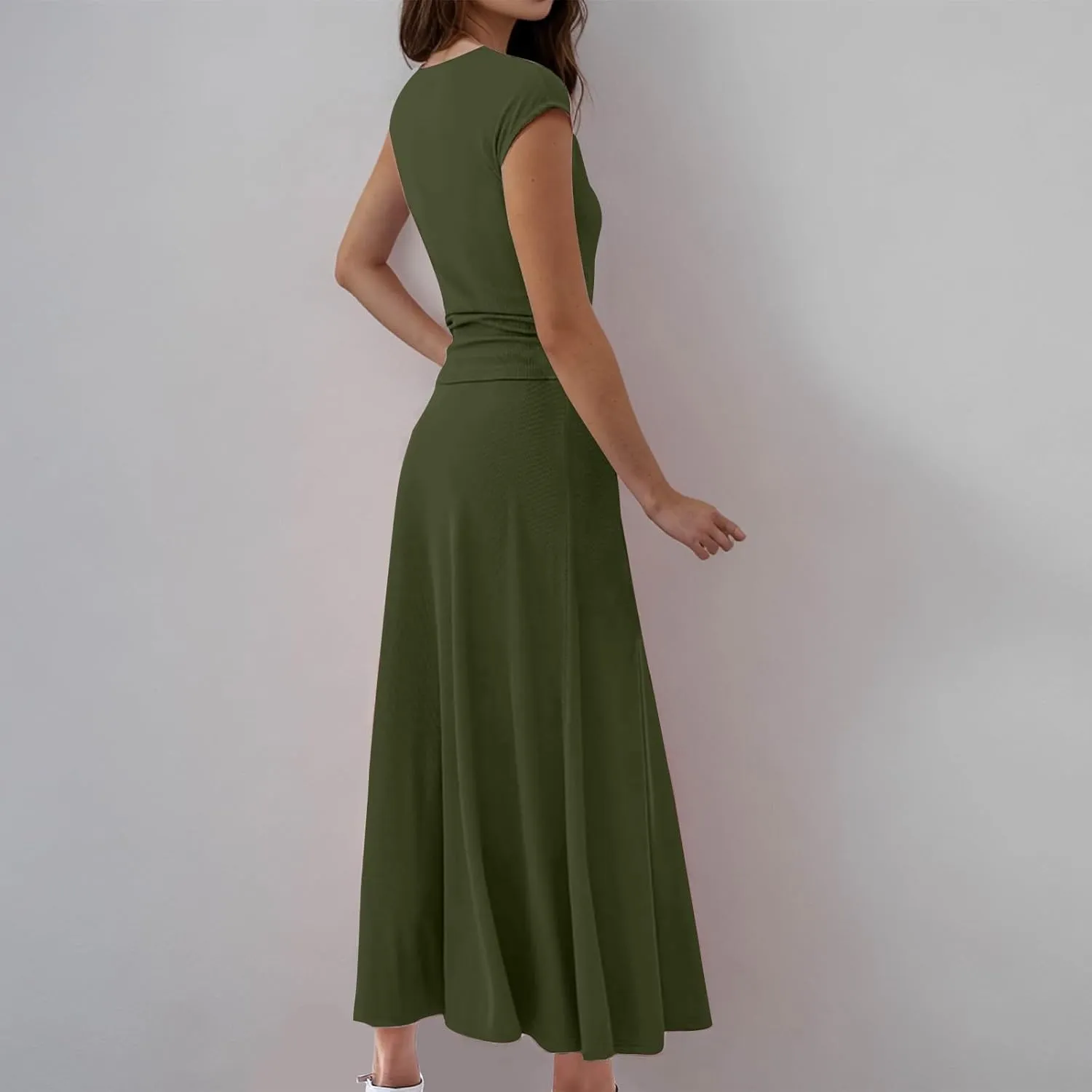 Skirt Sets Women 2 Piece Outfits Casual Ribbed Knit Crew Neck Short Sleeve Cropped Top Elastic Waist Swing Midi Skirts